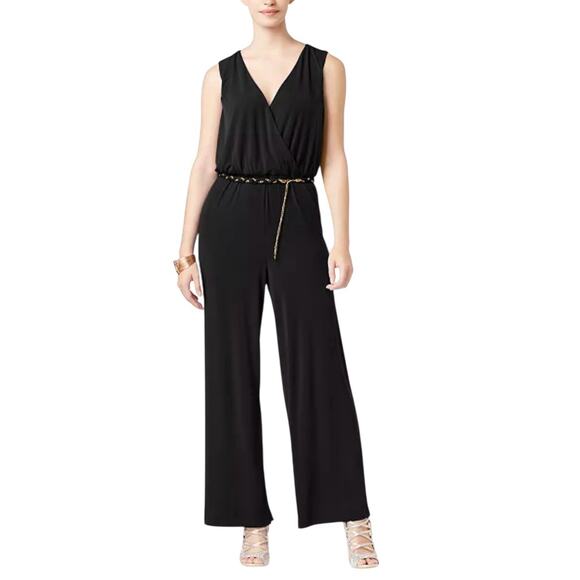 NWT Thalia Sodi Surplice Gold-tone Belted Pant Jumpsuit Women’s Size Large Black - Picture 1 of 16